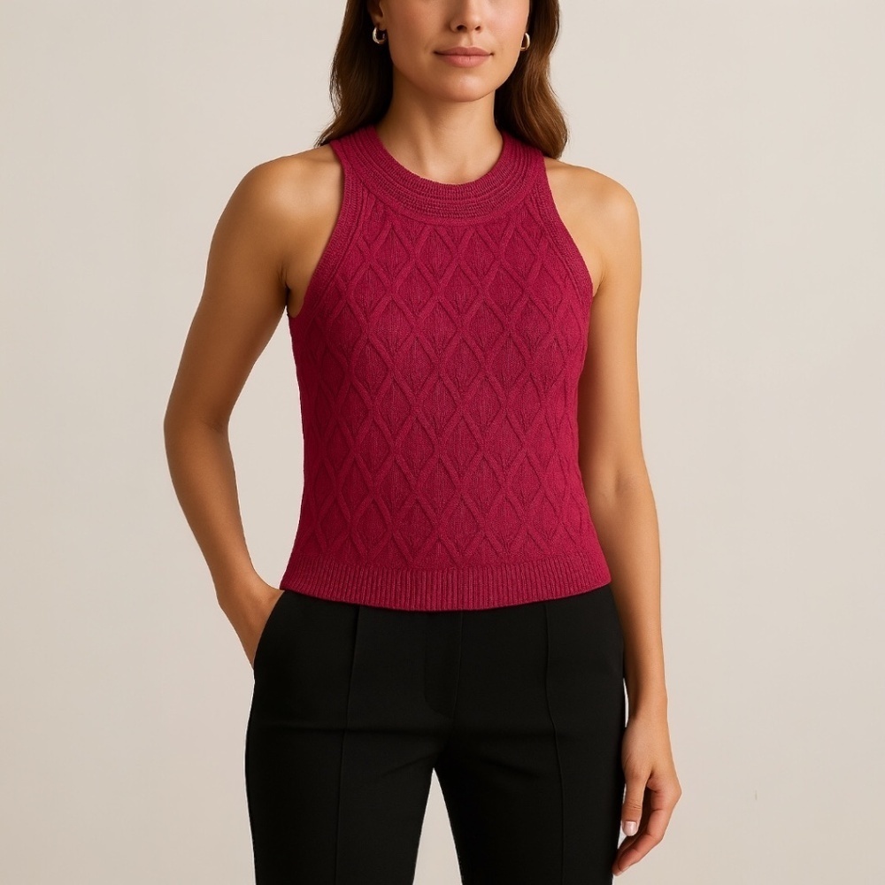 Adrienne Landau Quartz Knit Halter Sweater Tank Top Berry Pink Size M NWT Office